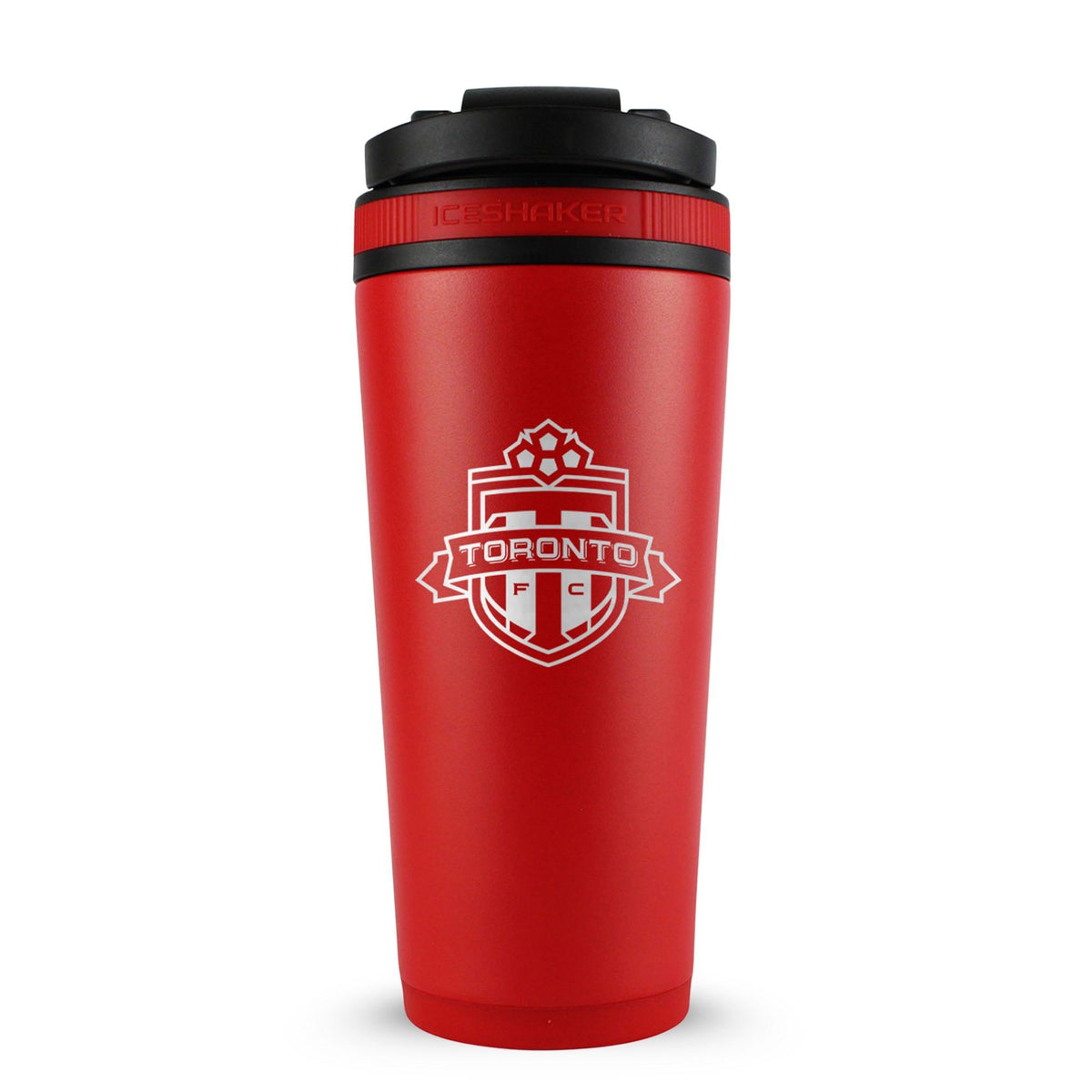 Red 26oz Ice Shaker with the Toronto FC logo engraved on the back of it.