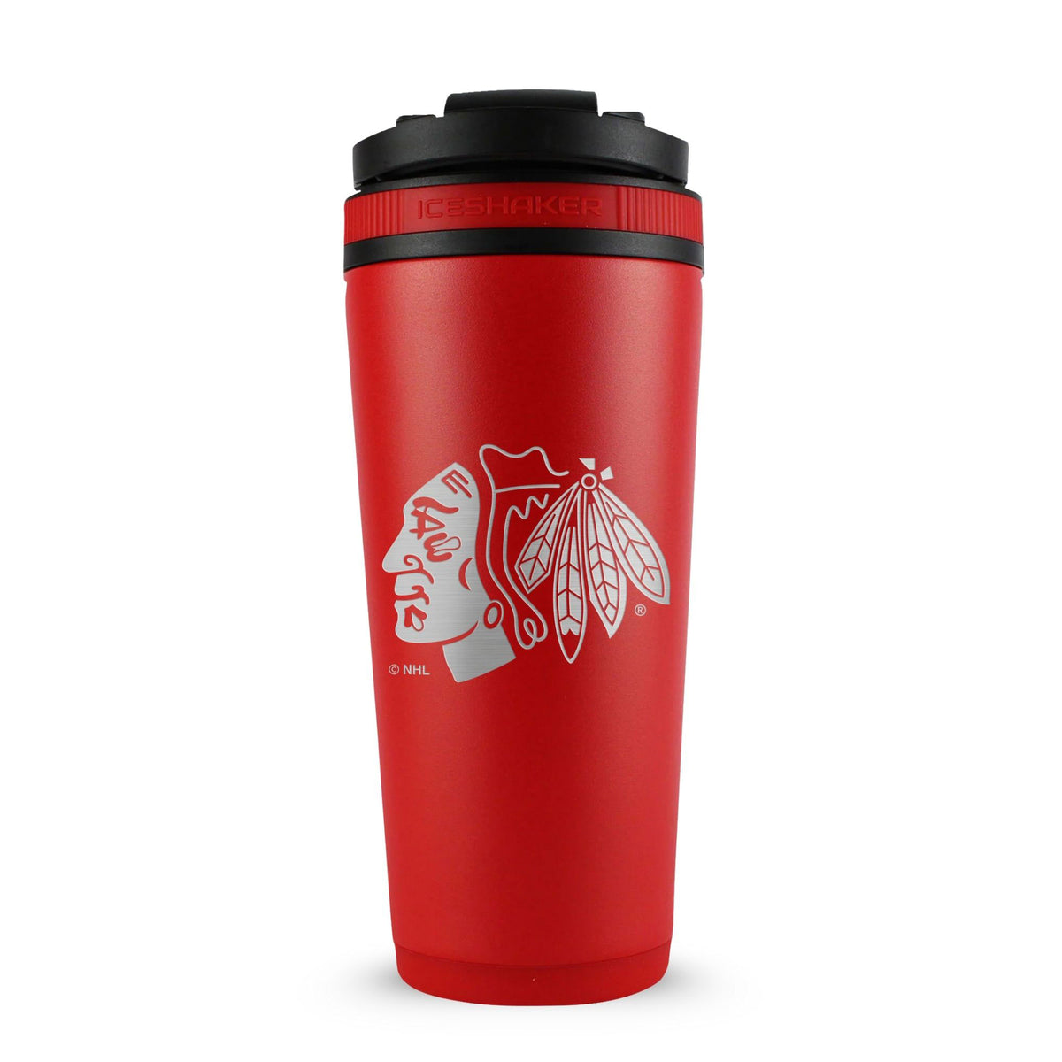 Red 26oz Ice Shaker with the Chicago Blackhawks logo engraved on the back of it.