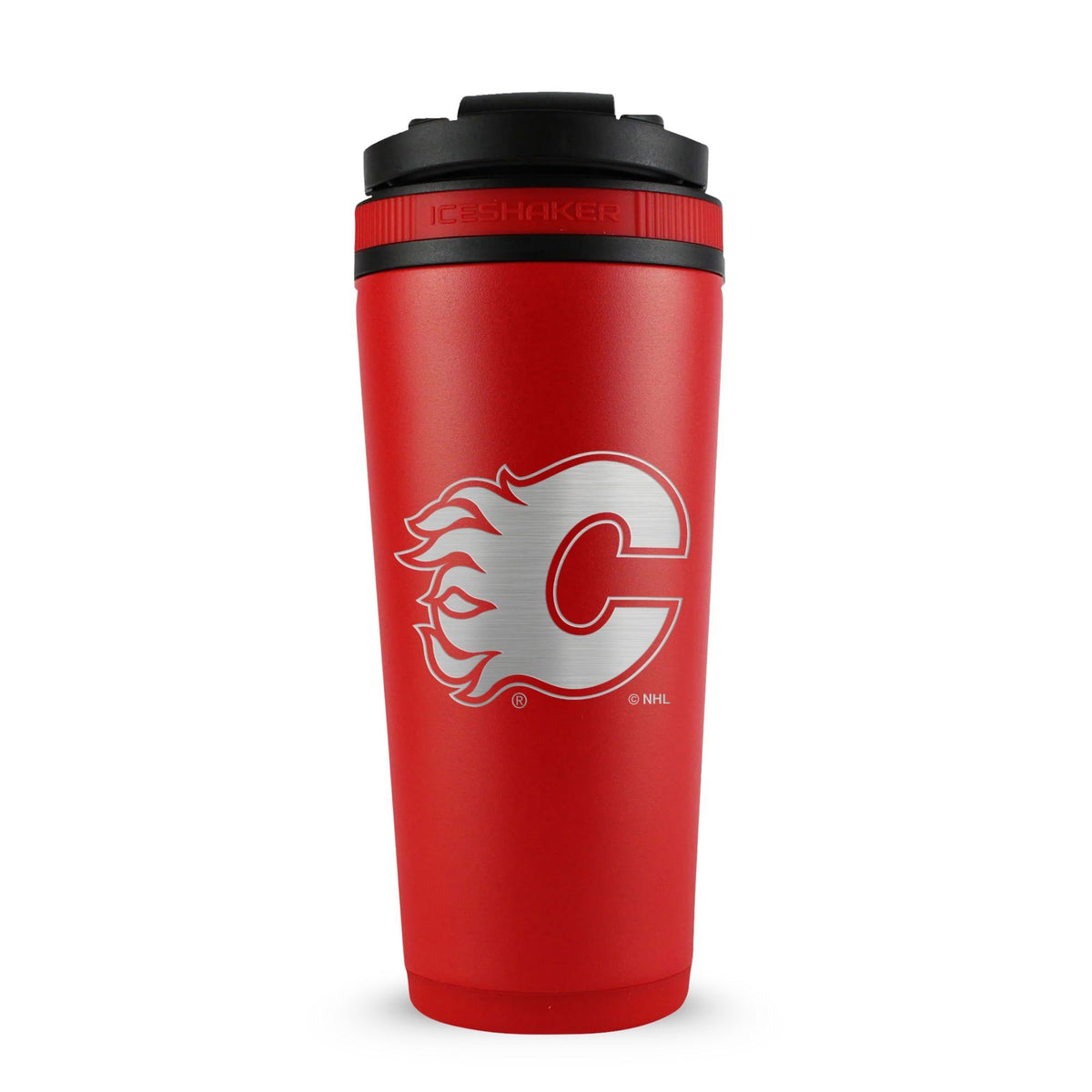 Red 26oz Ice Shaker with the Calgary Flames logo engraved on the back of it.