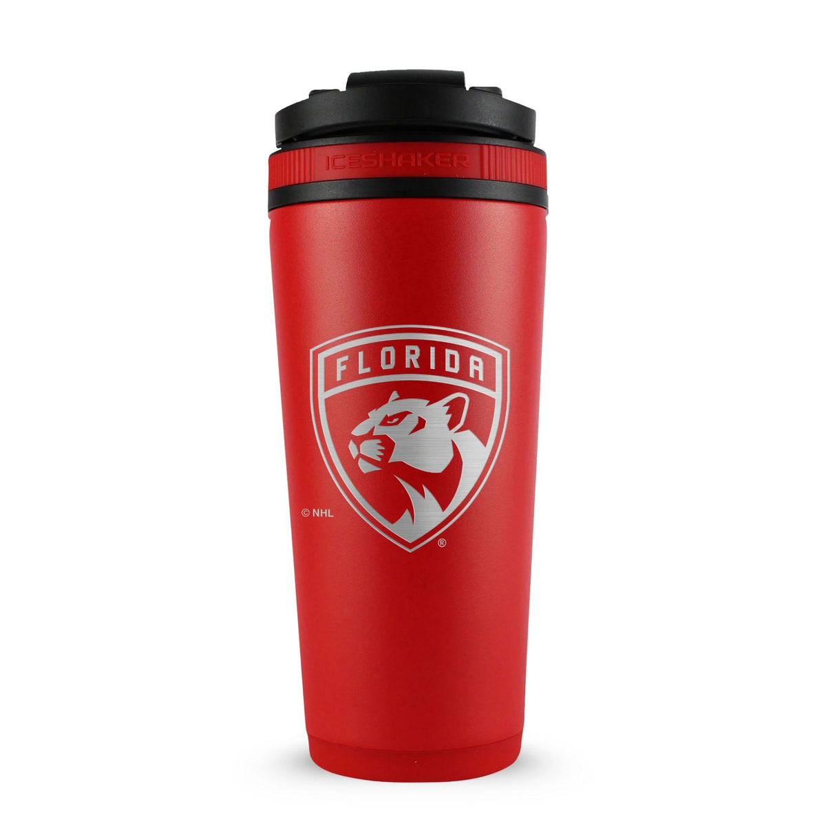 Red 26oz Ice Shaker with the Florida Panthers logo engraved on the back of it.