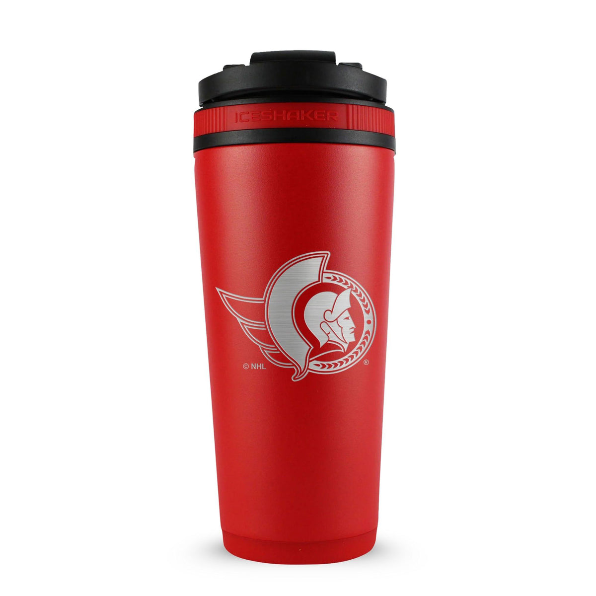 Red 26oz Ice Shaker with the Ottawa Senators logo engraved on the back of it.