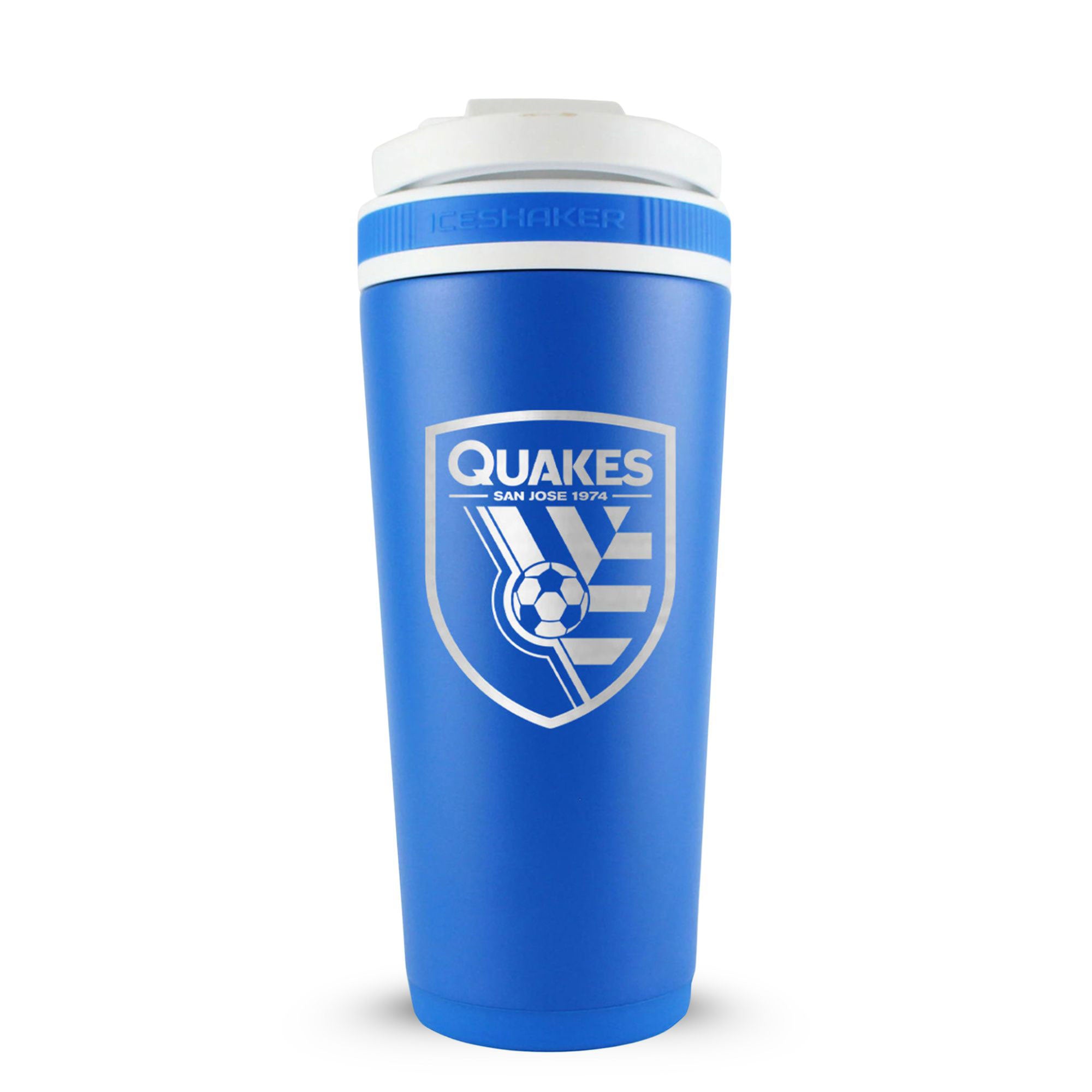 Royal Blue 26oz Ice Shaker with the San Jose Quakes logo engraved on the back of it.