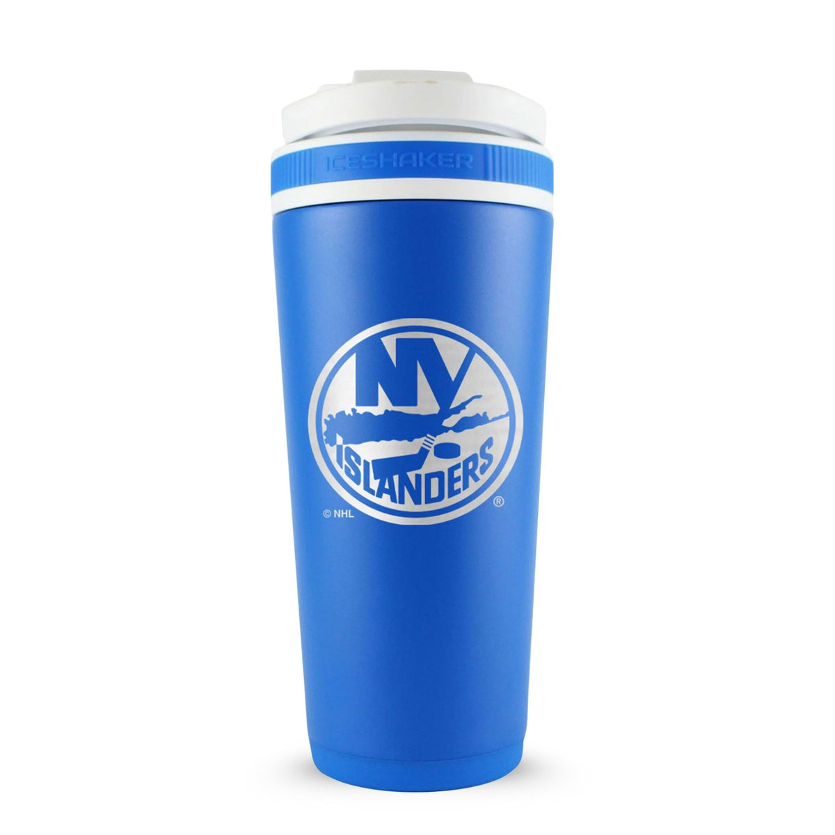 Royal Blue 26oz Ice Shaker with the New York Islanders logo engraved on the back of it.