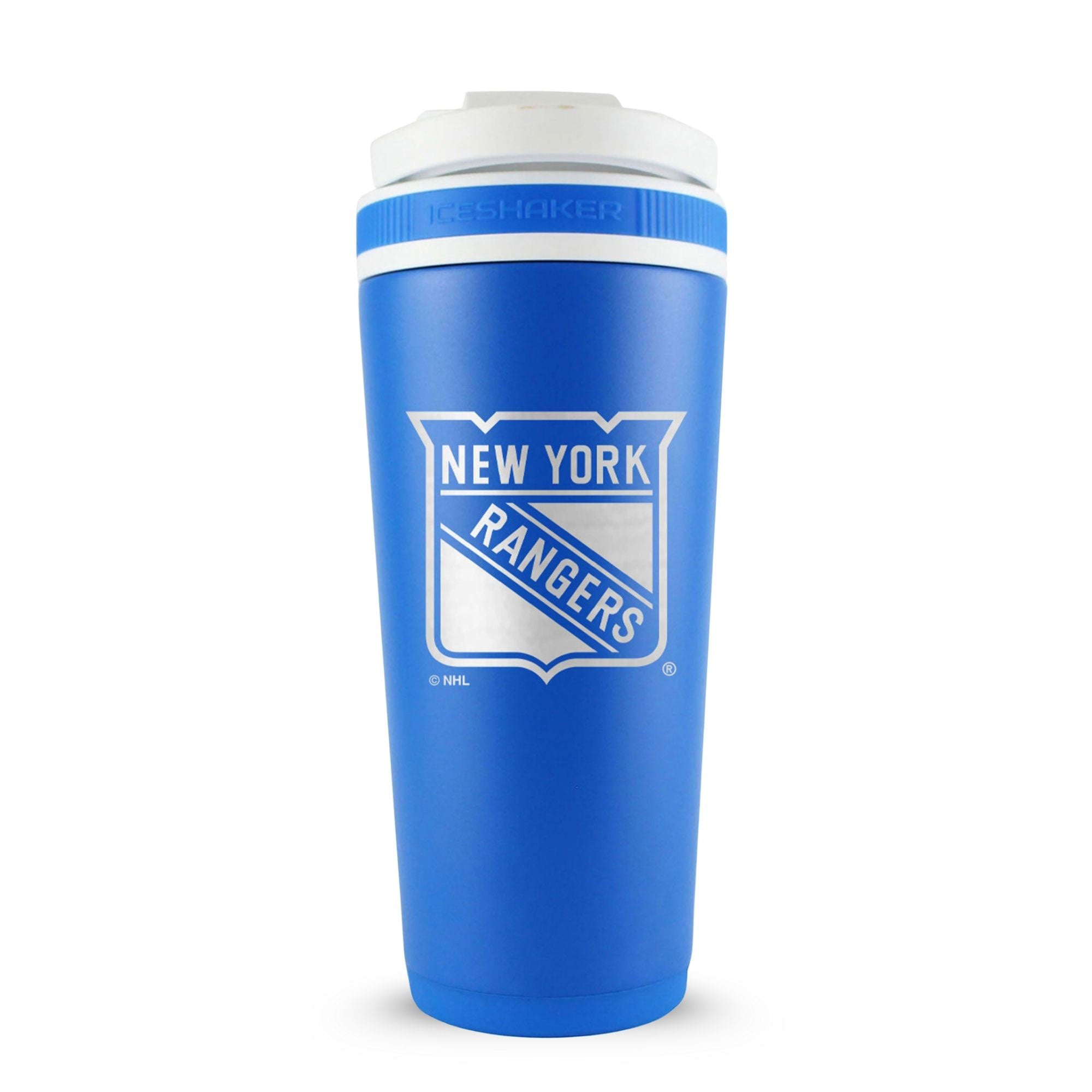 Royal Blue 26oz Ice Shaker with the New York Rangers logo engraved on the back of it.