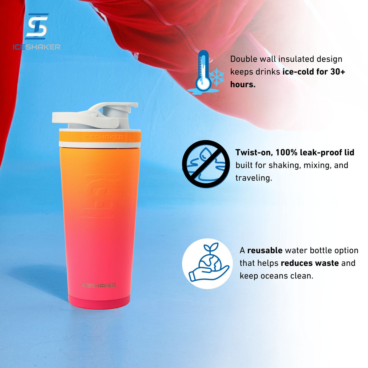 Sunkissed 26oz Ice shaker bottle with text highlighting features on a blue background. Text includes important product features including: double-wall insulated design keeps drinks ice-cold for 30+ hours, twist-on 100% leak-proof lid built for shaking, mixing, and traveling, and a reusable water bottle option that helps reduce waste and keep oceans clean.
