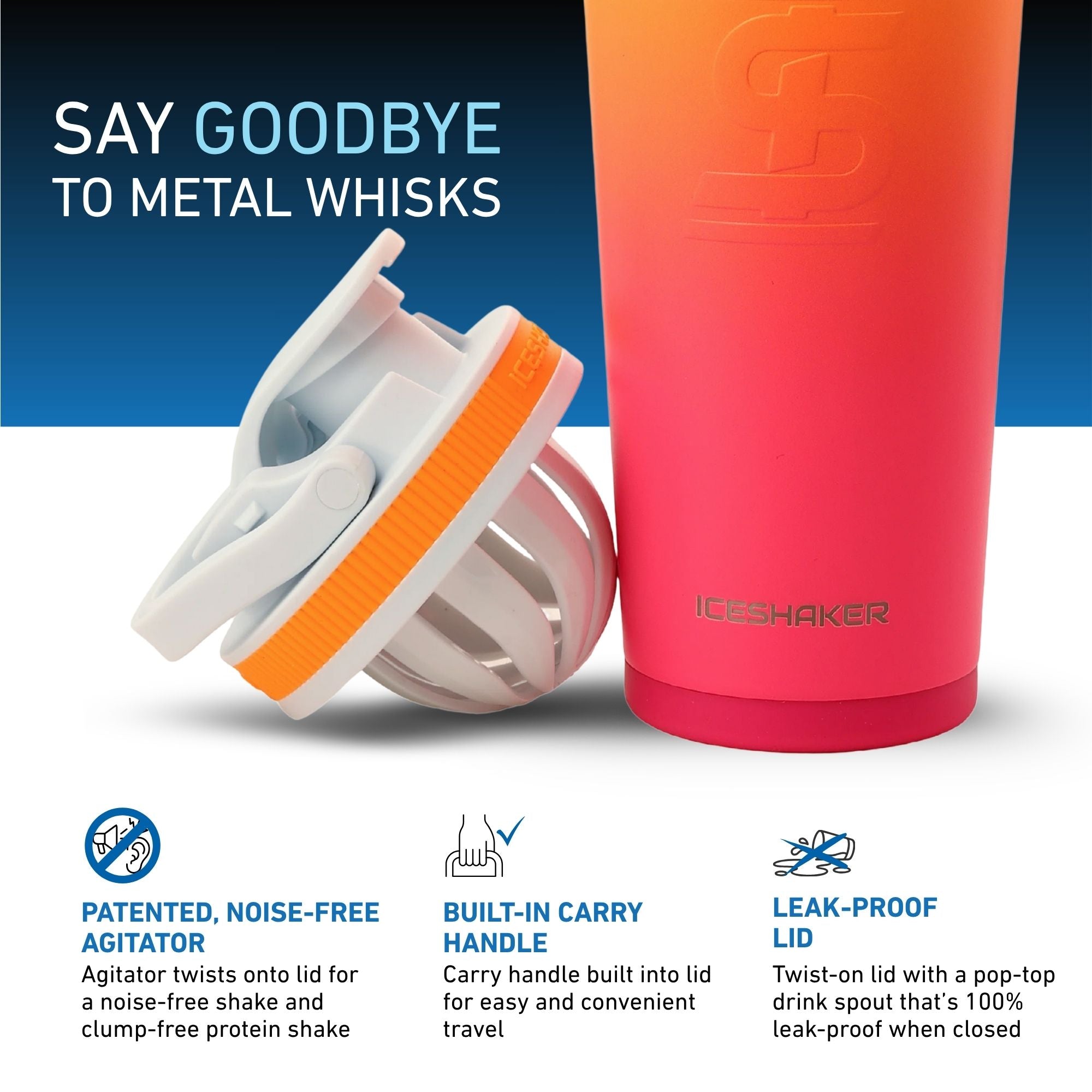 a close-up view of the lid and agitator that comes with the Sunkissed 26oz Ice Shaker with important product features called out including: a patented, noise-free agitator, a carry handle that's built into the lid for easy carrying, and a twist-on, leak-proof lid.