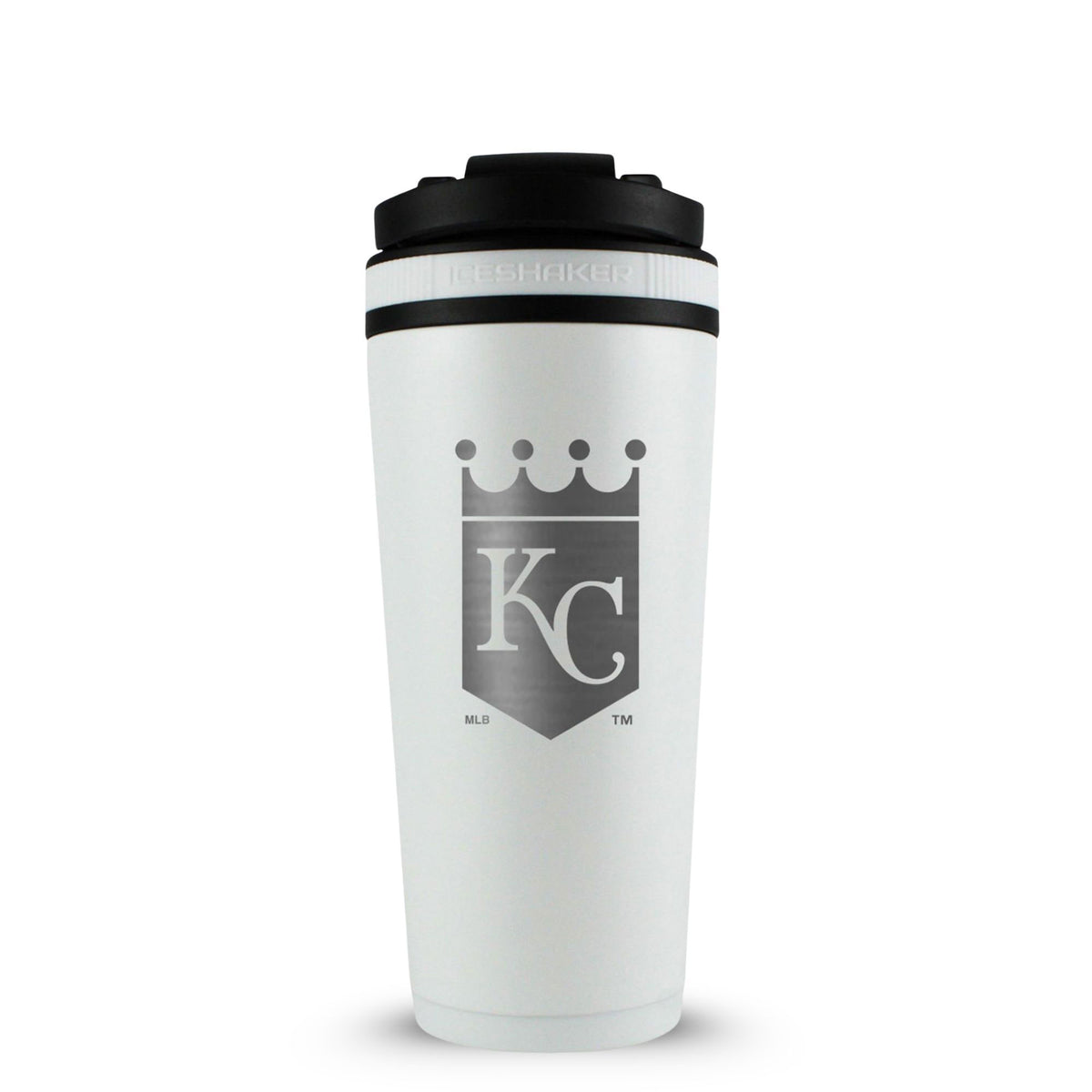White 26oz Ice Shaker with the Kansas City Royals logo engraved on the back of it