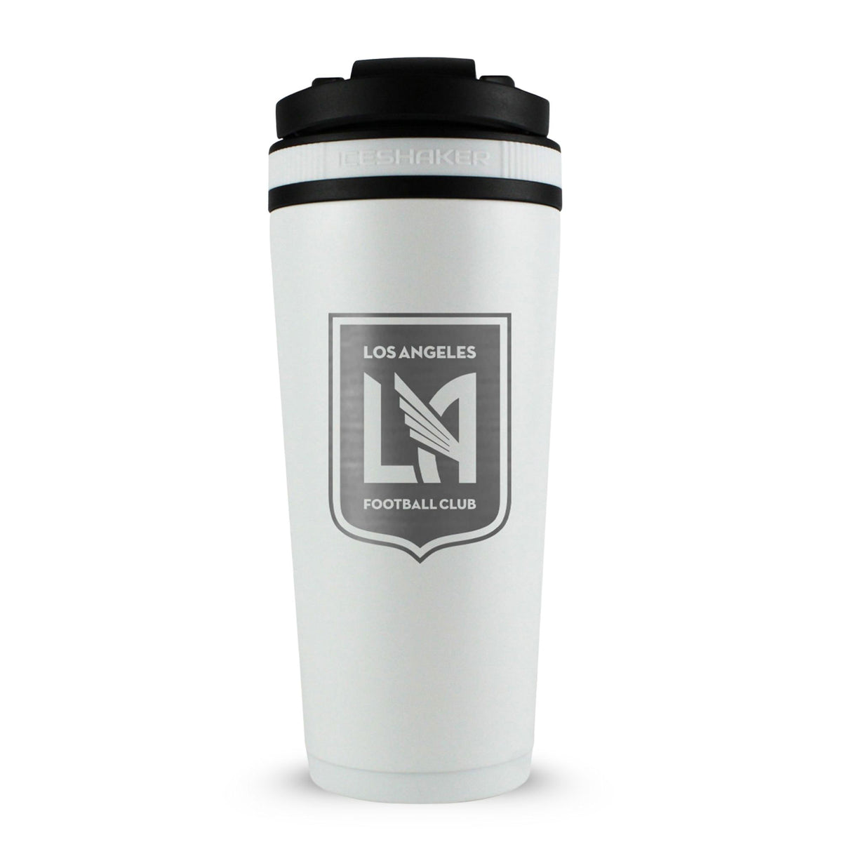 White 26oz Ice Shaker with the Los Angeles Football Club logo engraved on the back of it.