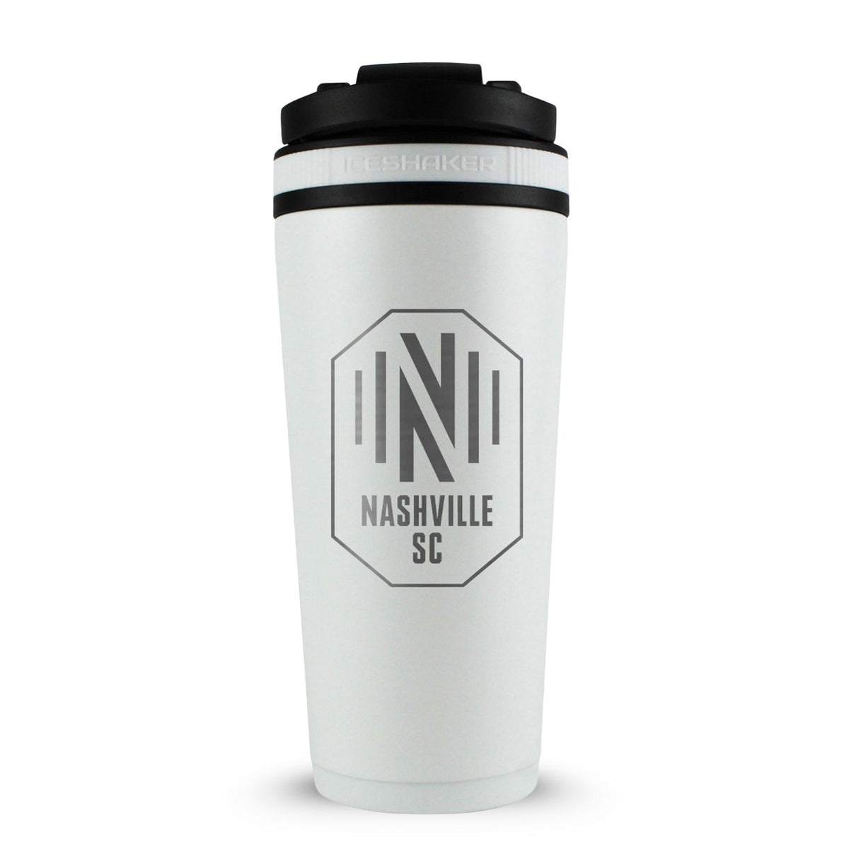  White 26oz Ice Shaker with the Nashville SC logo engraved on the back of it.