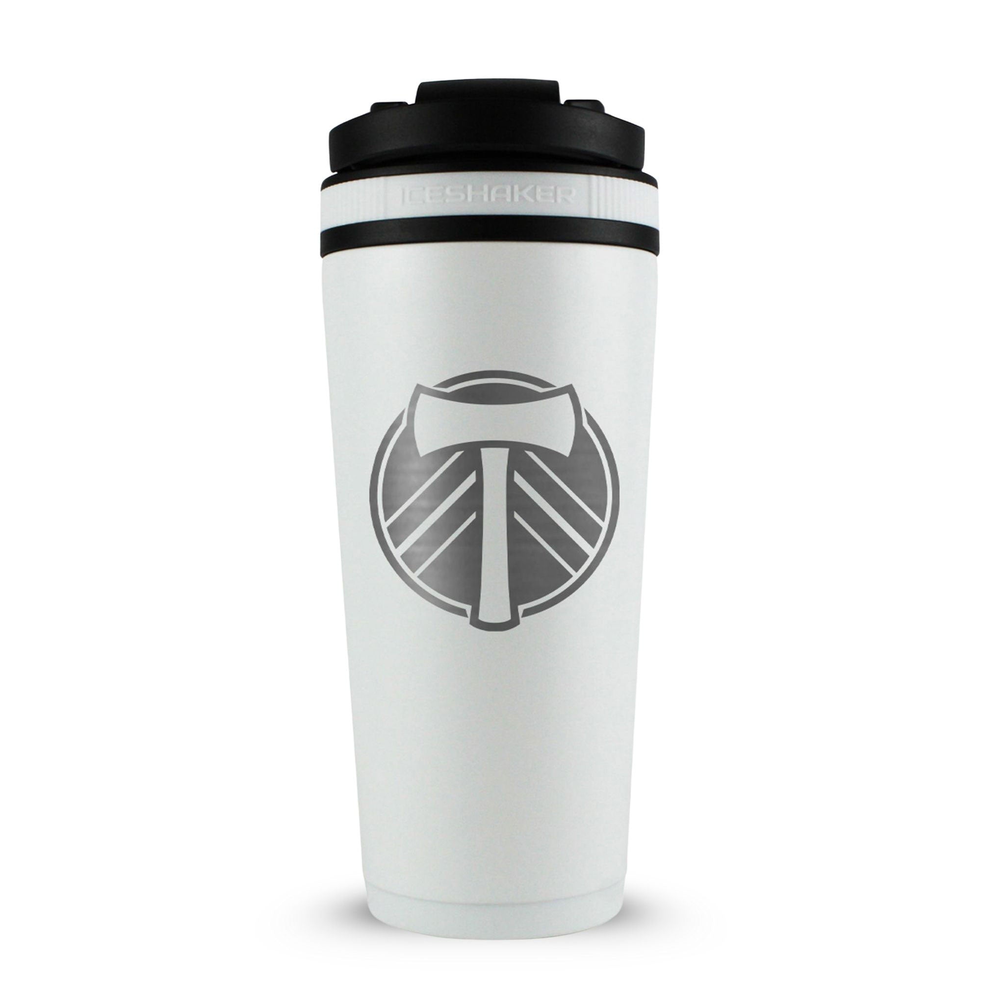 White 26oz Ice Shaker with the Portland Timbers logo engraved on the back of it.