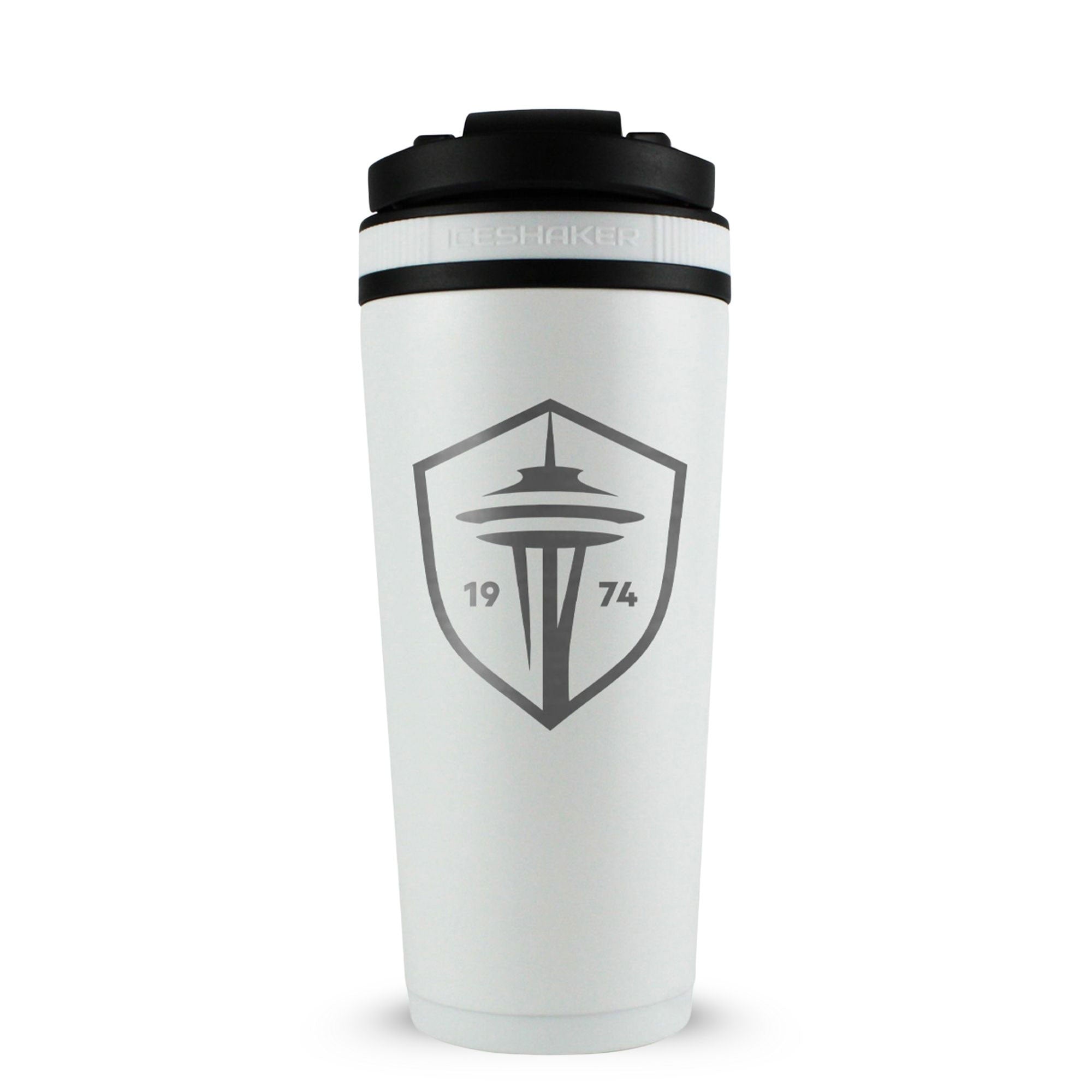 White 26oz Ice Shaker with the Seattle Sounders logo engraved on the back of it.