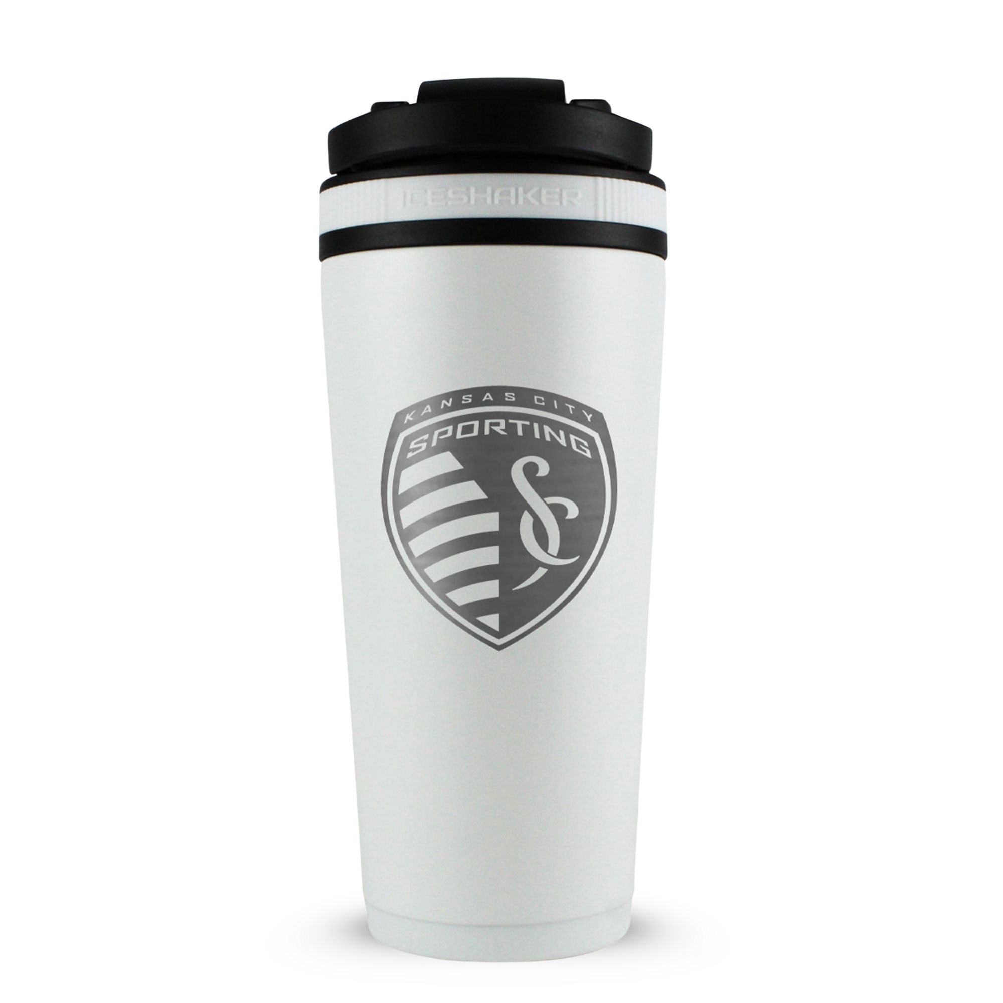 White 26oz Ice Shaker with the Kansas City Sporting logo engraved on the back of it.