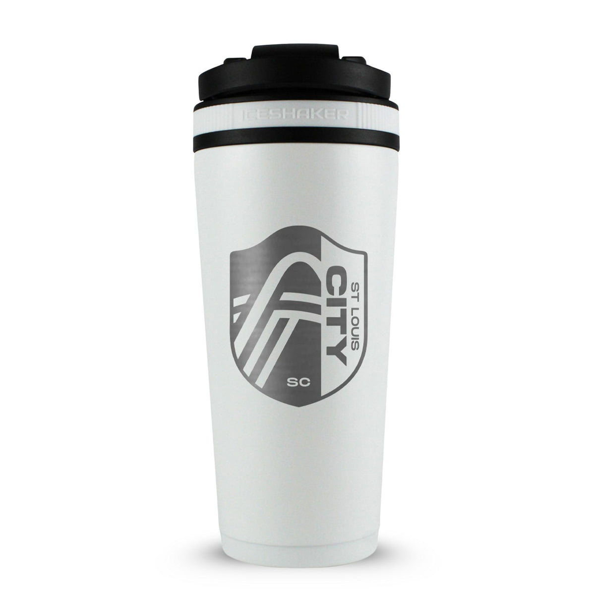 White 26oz Ice Shaker with the St. Louis City SC logo engraved on the back of it.