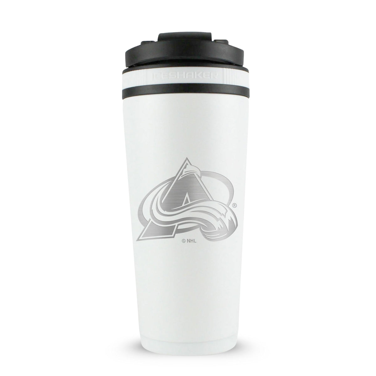 White 26oz Ice Shaker with the Colorado Avalanche logo engraved on the back of it.