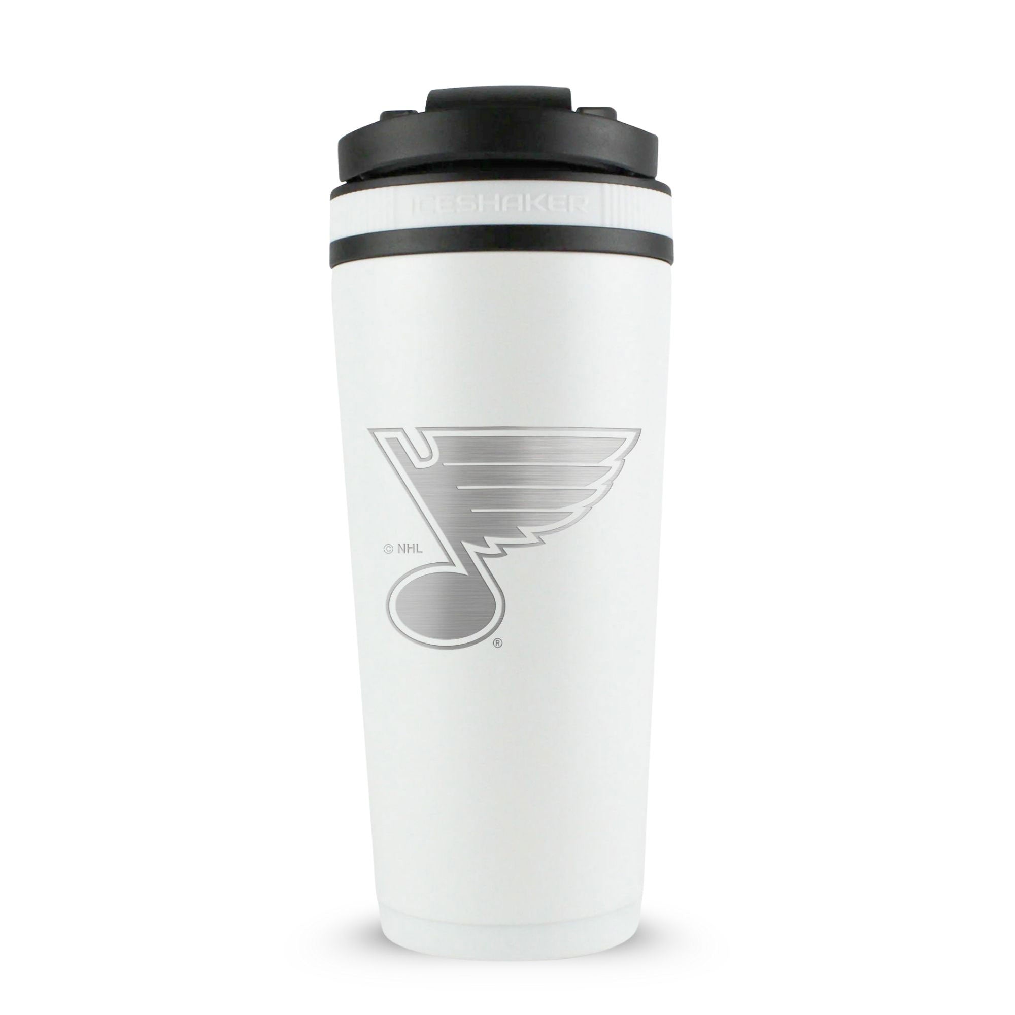 White 26oz Ice Shaker with the St. Louis Blues logo engraved on the back of it