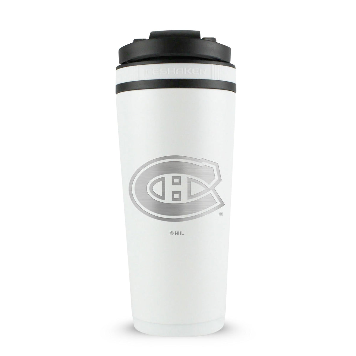 White 26oz Ice Shaker with the Montreal Canadiens logo engraved on the back of it.