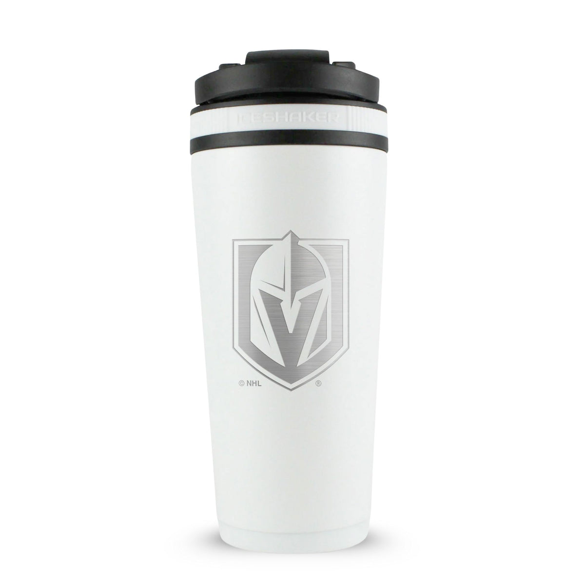 White 26oz Ice Shaker with the Vegas Golden Knights logo engraved on the back of it.
