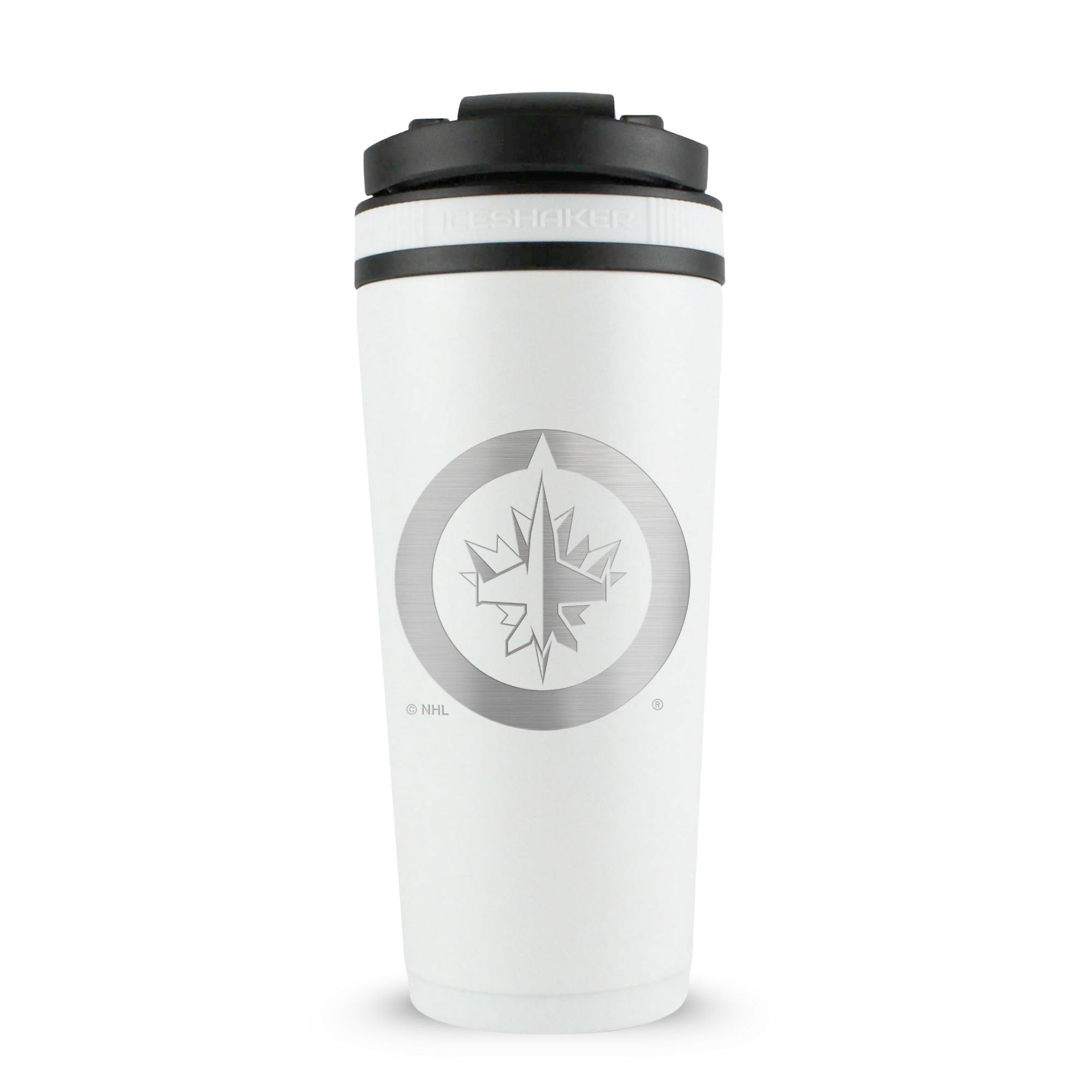 White 26oz Ice Shaker with the Winnipeg Jets logo engraved on the back of it.