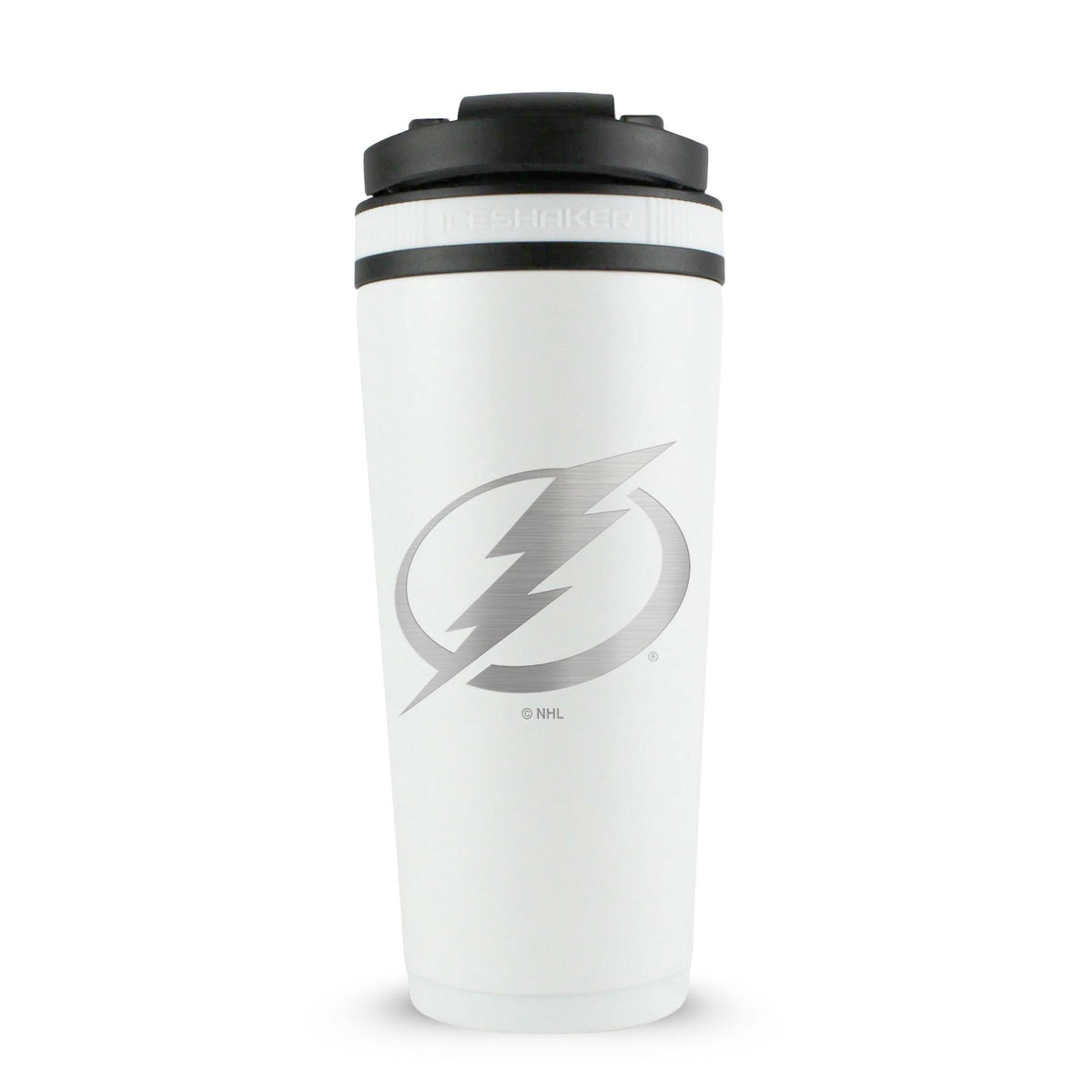 White 26oz Ice Shaker with the Tampa Bay Lightning logo engraved on the back of it.