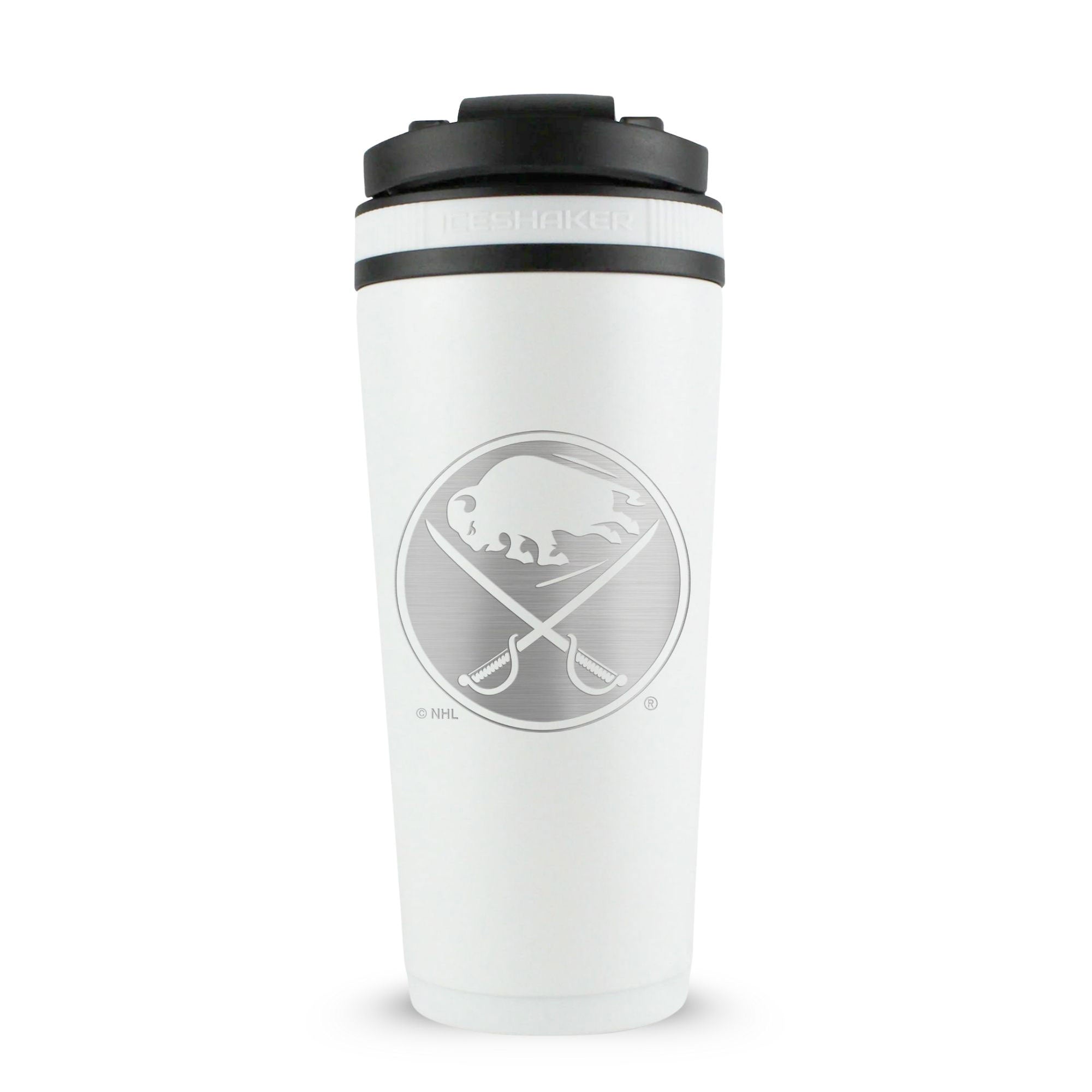 White 26oz Ice Shaker with the Buffalo Sabres logo engraved on the back of it.