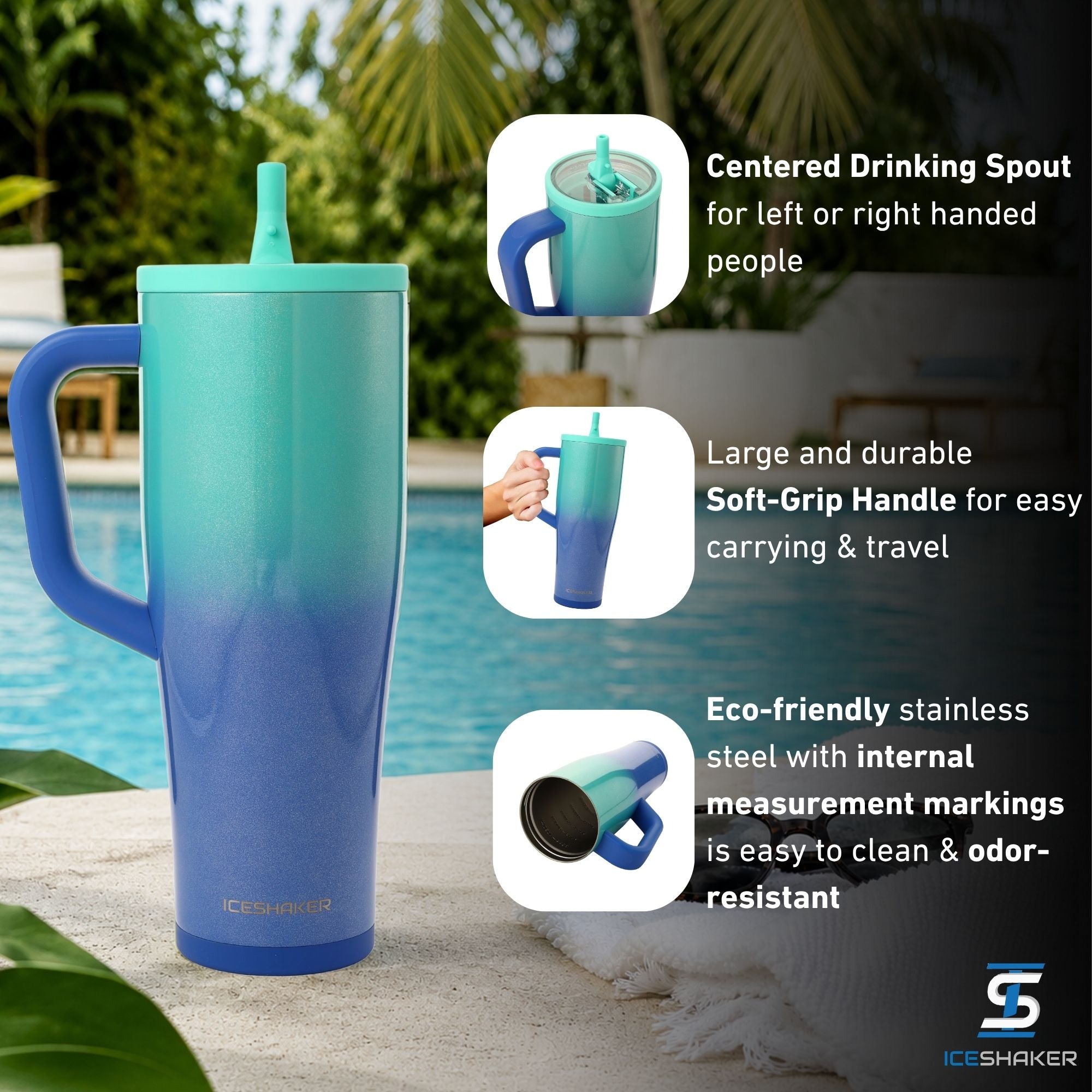 Ice Shaker's 40oz Ocean Breeze Legend Series Shaker Tumbler, shown beside a swimming pool with informational callouts on the right including: Centered Drinking Spout for left or right handed people, a large and durable soft-grip handle for easy carrying and travel, and made from eco-friendly stainless-steel with internal measurement lines