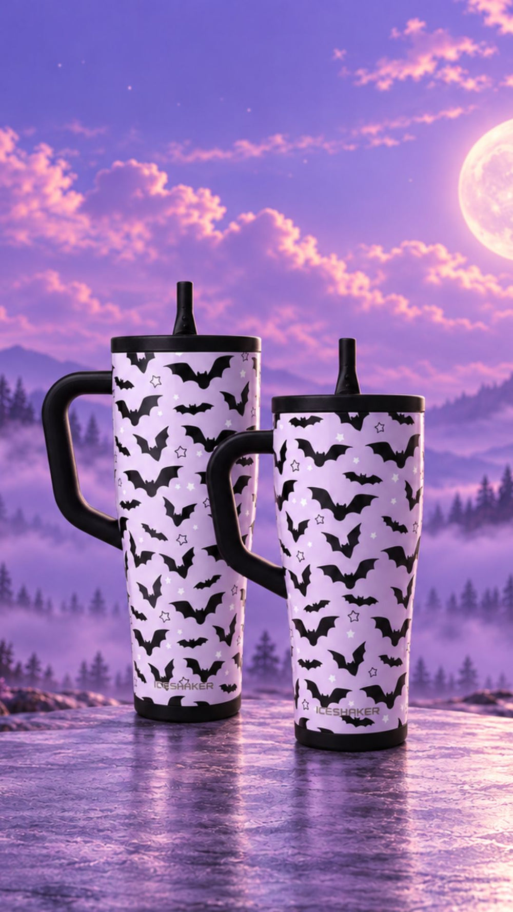 Bats Legend Series tumblers in 40oz and 32oz under a full moon