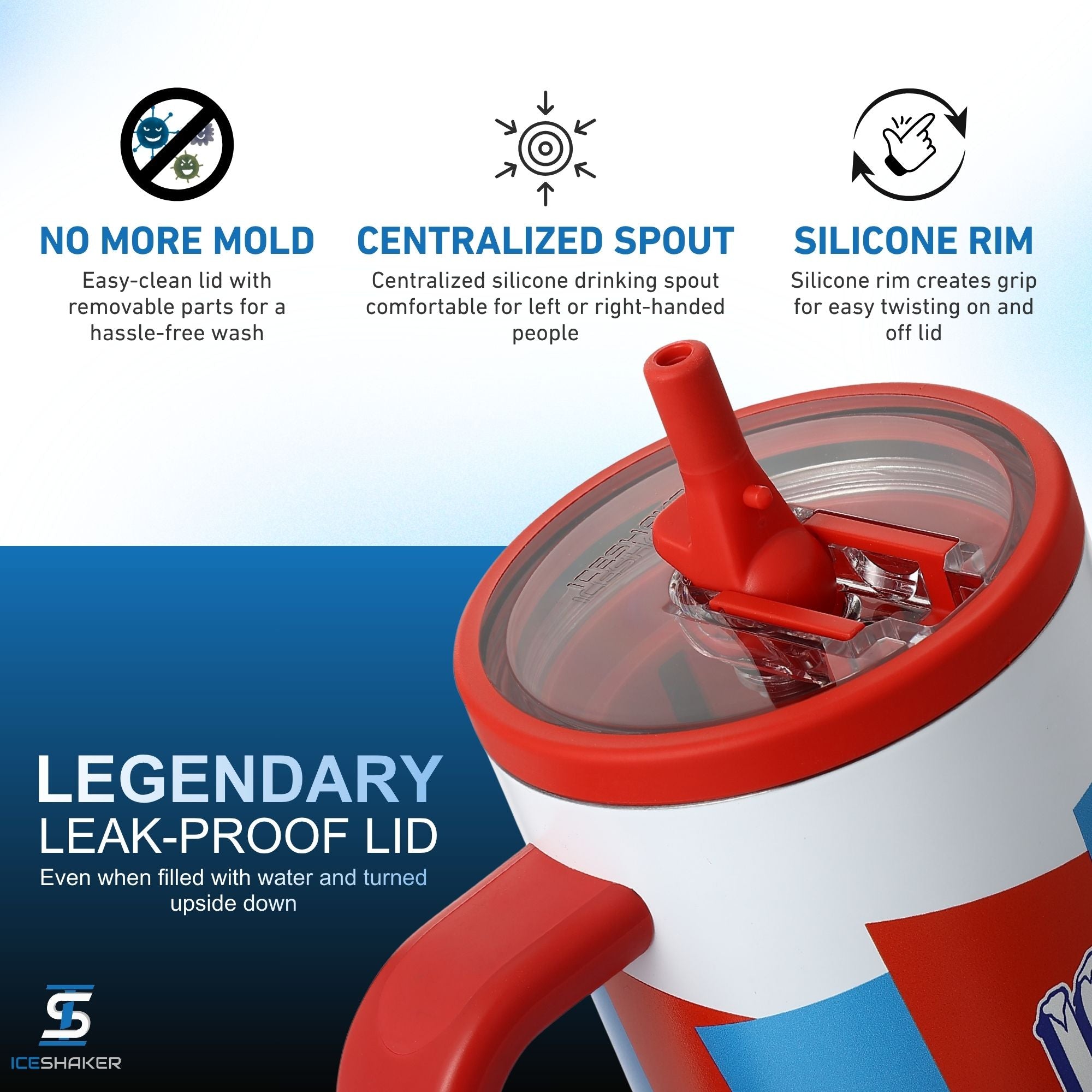 A close-up image of the ICEE Legend Series Tumbler Legendary leak-proof Lid. Lid features include a silicone rim, centralized spout, and easy-to-clean design.