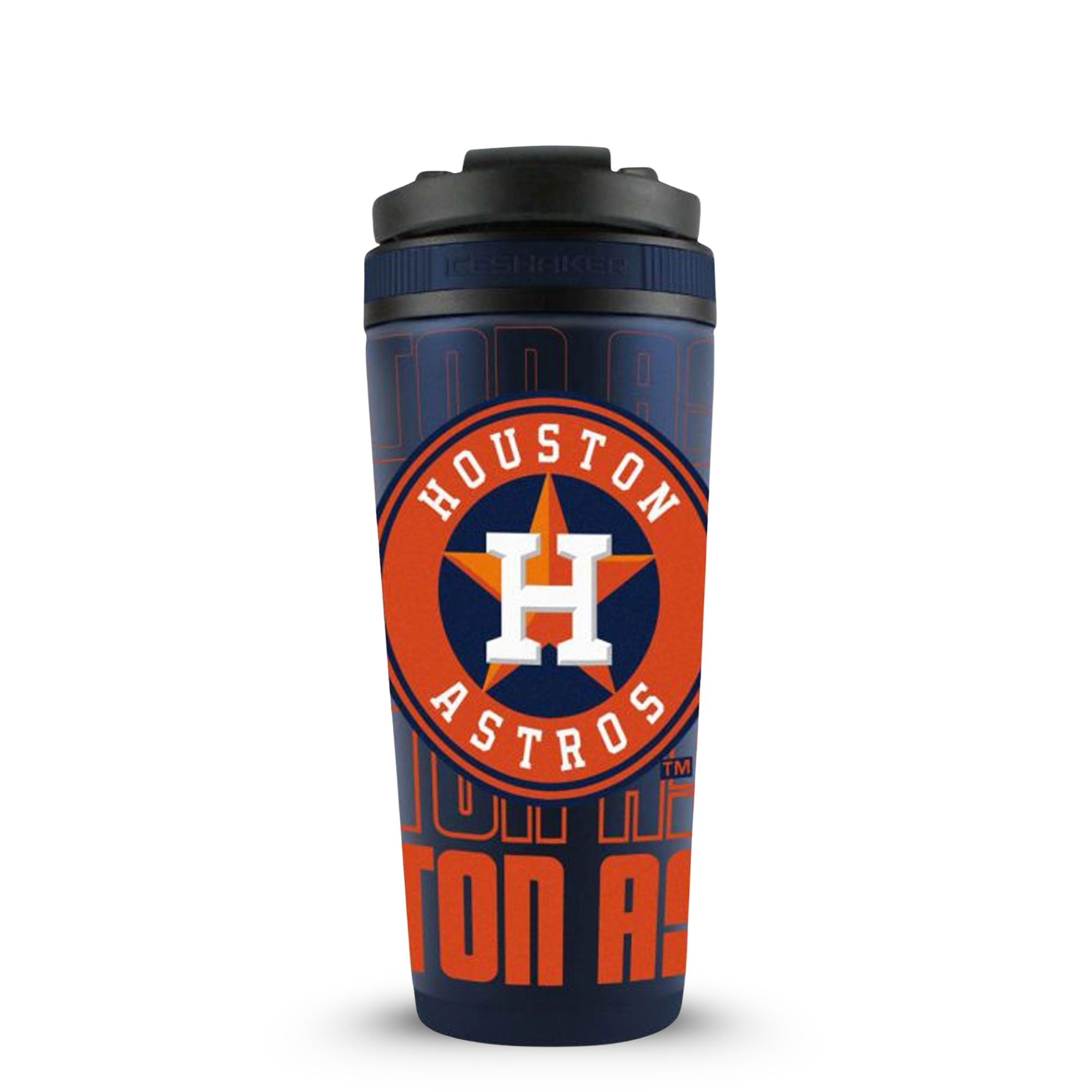 the back of the Houston Astros 4D 26oz Ice Shaker, featuring the Houston Astros 4D-wrap which has graphics of the Astros logo overlayed on Houston Astros text that wraps around the entire cup.