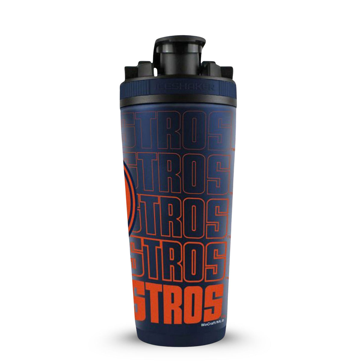 the front of the Houston Astros 4D 26oz Ice Shaker, featuring the Houston Astros 4D-wrap which has graphics of the Astros logo overlayed on Houston Astros text that wraps around the entire cup.