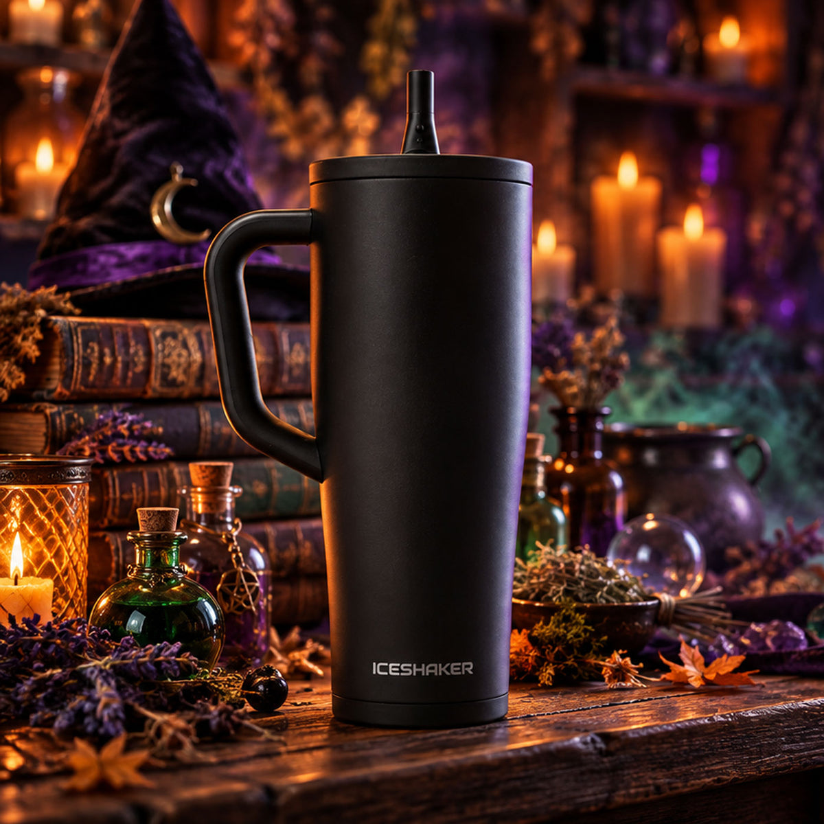 Ceramic Black Legend tumbler on a candlelit apothecary table