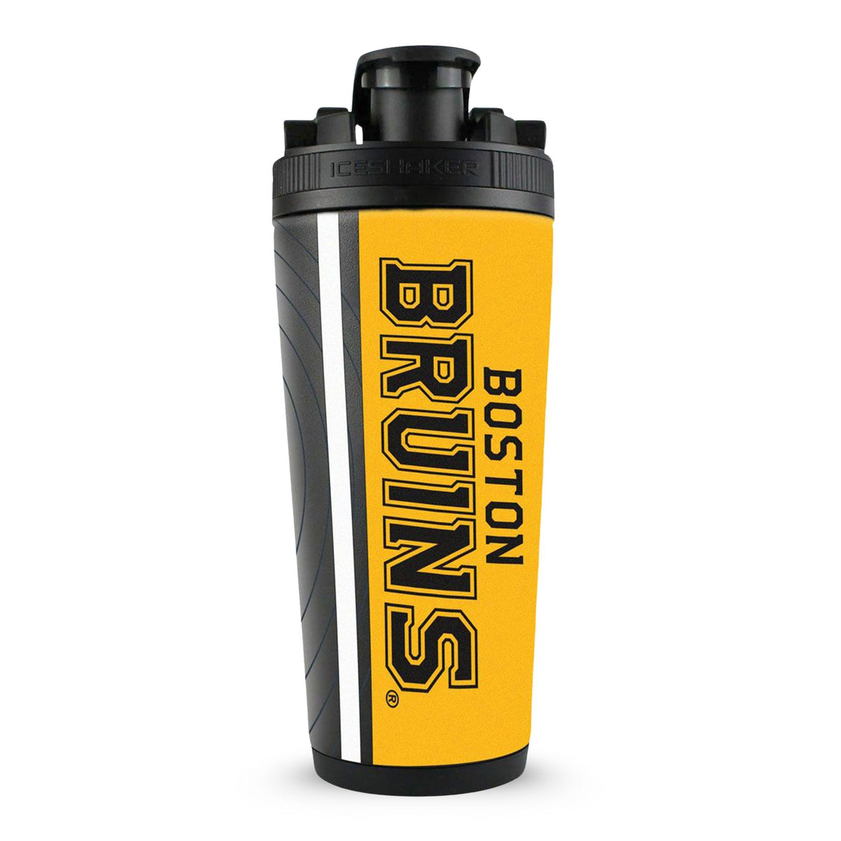 The front view of the Boston Bruins 4D Sonar Ice Shaker featuring Boston Bruins text on the front. The cup is wrapped in a 4D Black, White, and Yellow print.