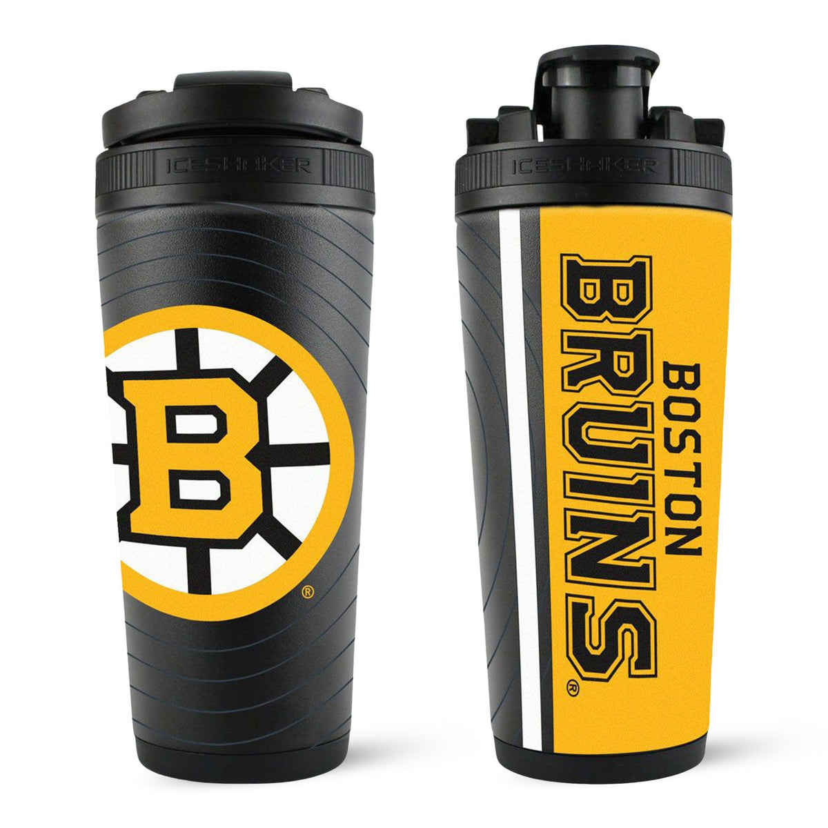 The front and Back view of the Boston Bruins 4D Sonar Ice Shaker featuring the Boston Bruins logo on the back and Boston Bruins text on the front. The cup is wrapped in a 4D Black, White, and Yellow print.