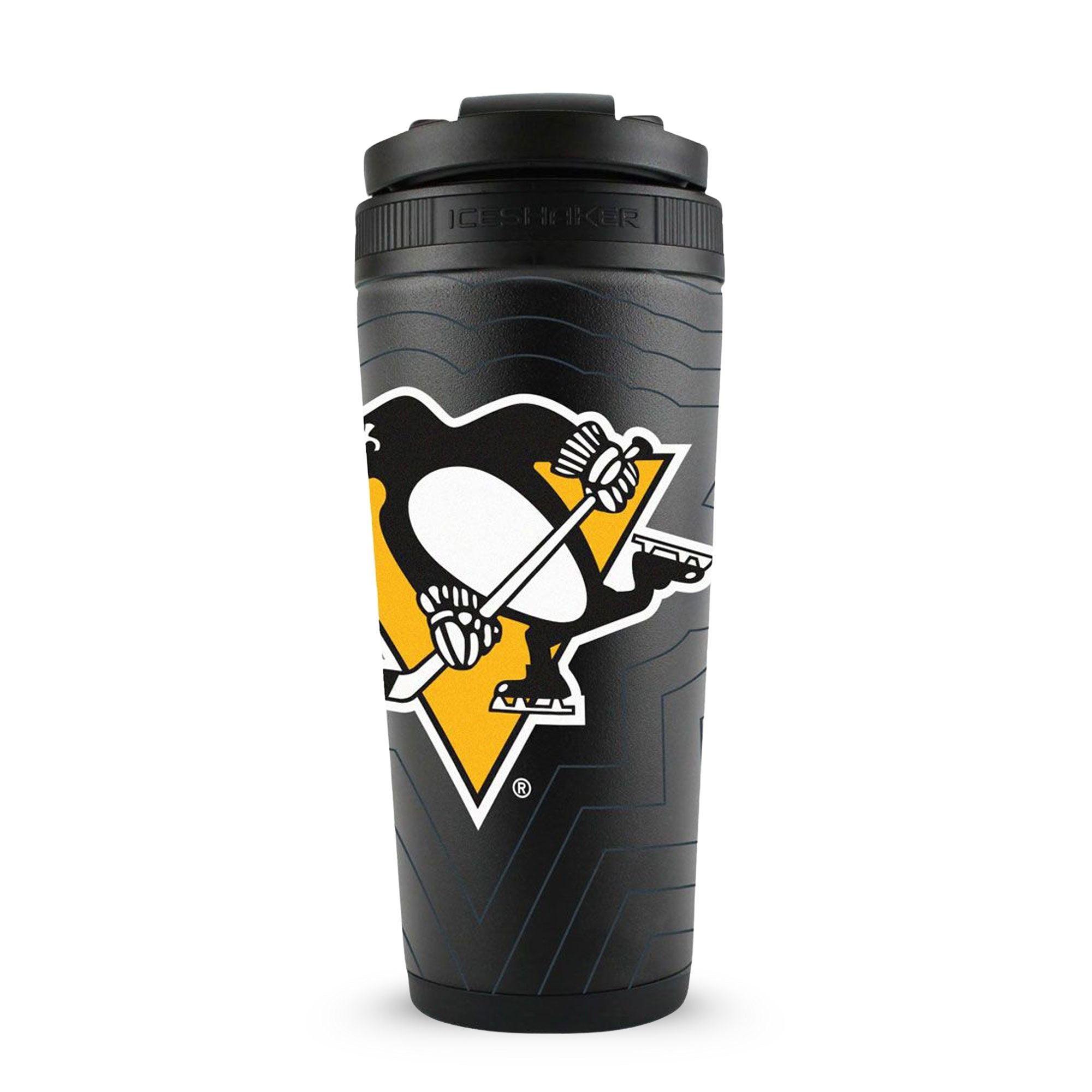 Back view of the Pittsburgh Penguins 4D Ice Shaker. The wrap features the Pittsburgh Penguins logo on the back of it.