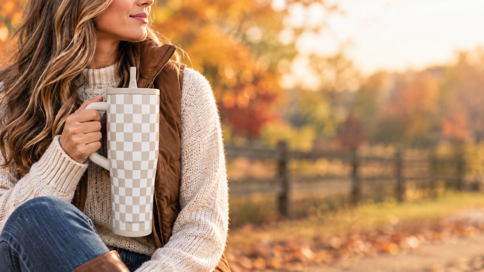 Woman in a cream sweater holding the Cobblestone Legend Tumbler in front of autumn trees