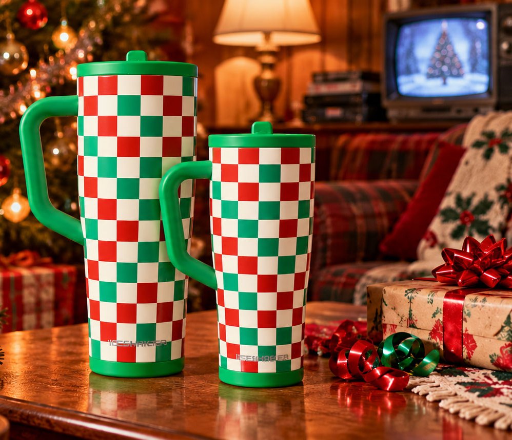 Deck the Halls Legend Tumblers in 40oz and 32oz on a coffee table in a cozy retro living room